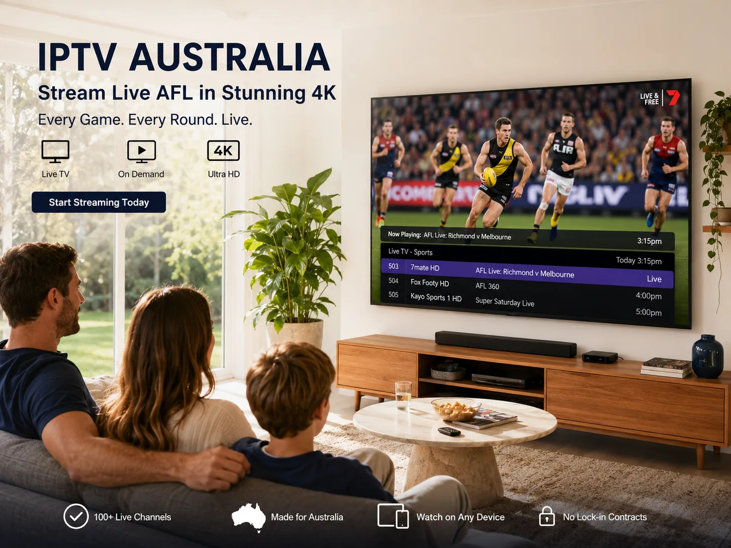 IPTV Australia streaming live AFL in 4K on a living room smart TV